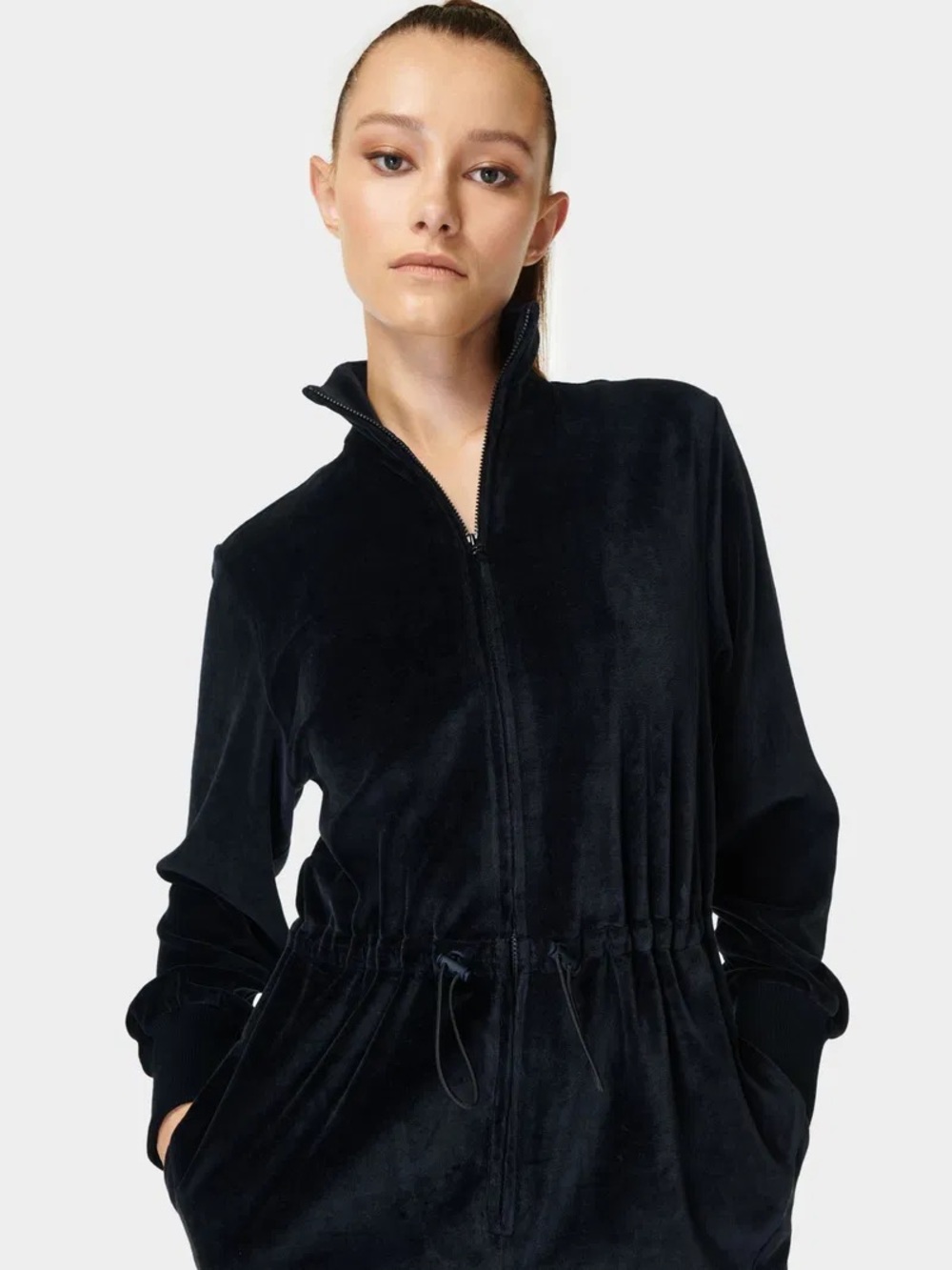 SWEATY BETTY - RETAKE VELOUR (Velvety) JUMPSUIT in Black. Size Medium